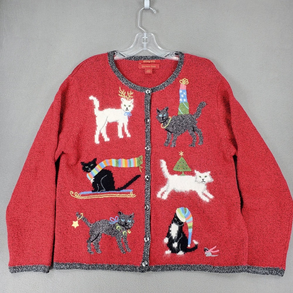 Northern Isles Cardigan Women L Red Christmas Cats Embroidered Vintage 2004 L/G